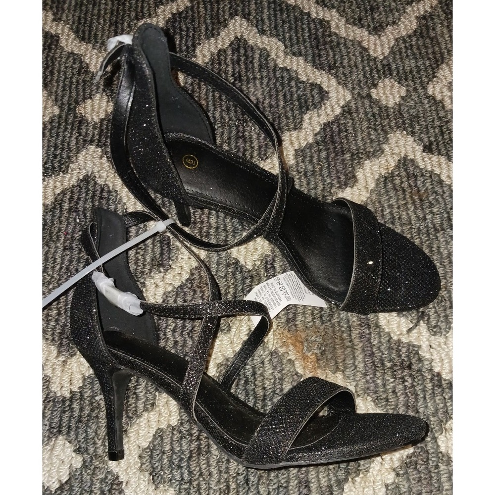 NEW Women's Black Glitter Open Toe Strappy Ankle Wrap Heels, Size‎ 6